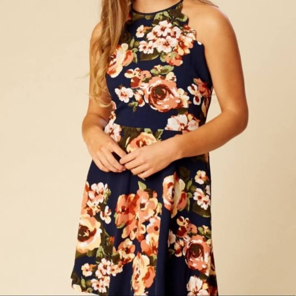 Altar'd State Scallop Navy Blue Flora Dress